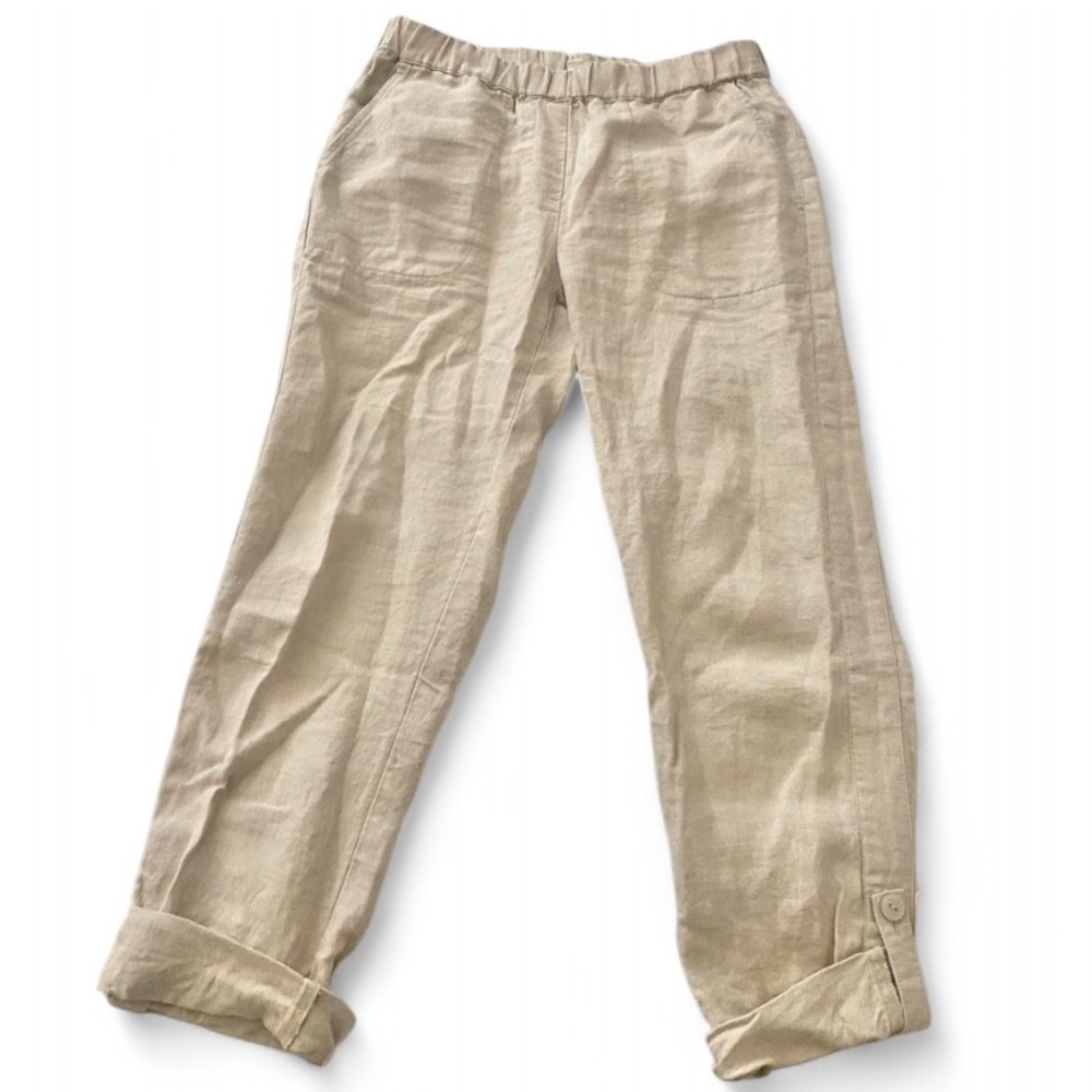 Pure Jill 100% Linen Beige Button Cropped Pants, Elastic Waist Size XS